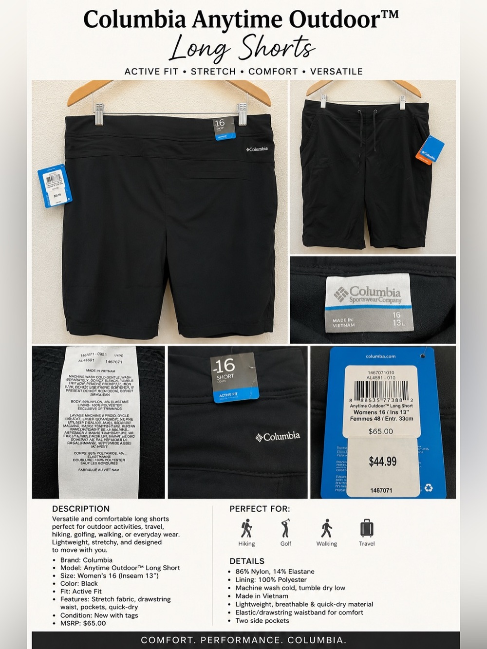 NWT Columbia Anytime Outdoor Long Shorts 16 Short Black Omni-Shield 13”